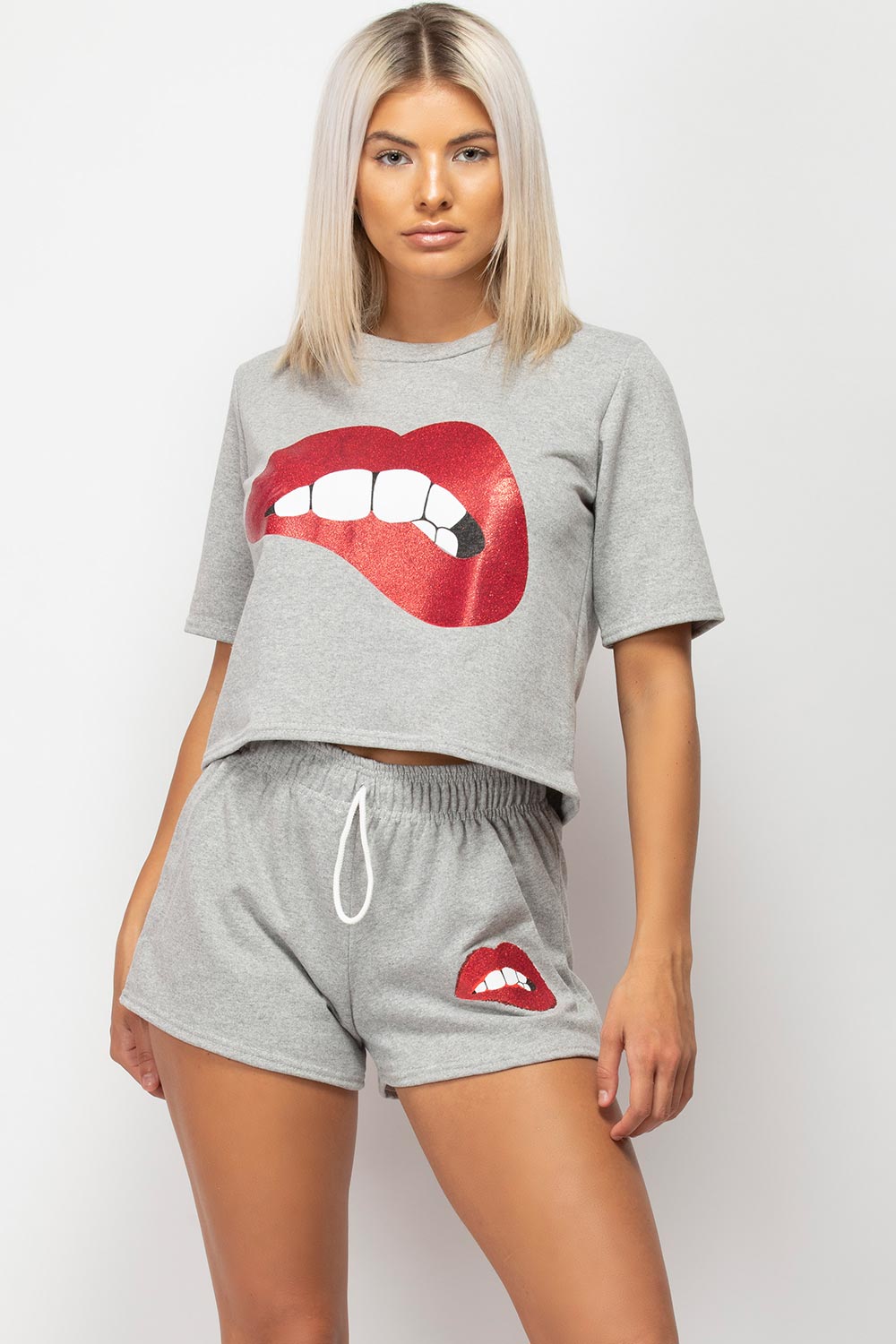 sequin lips crop top and shorts set