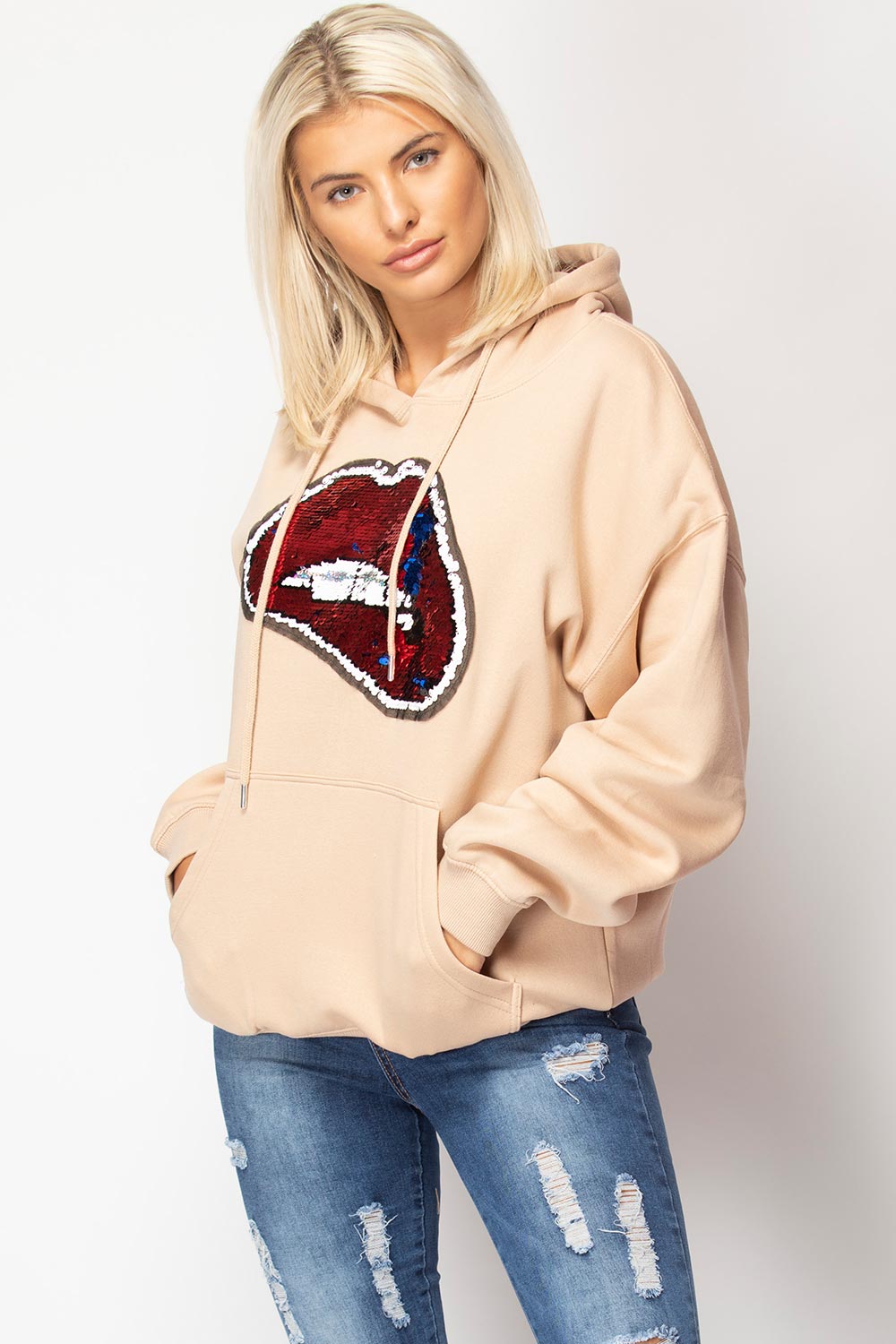 sequin lips hoodie womens