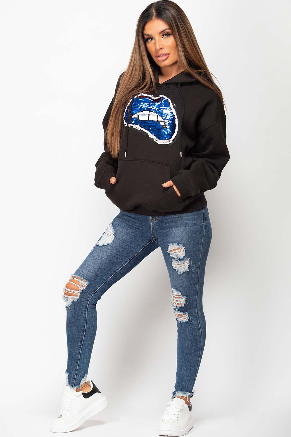 womens black sequin lips hoodie