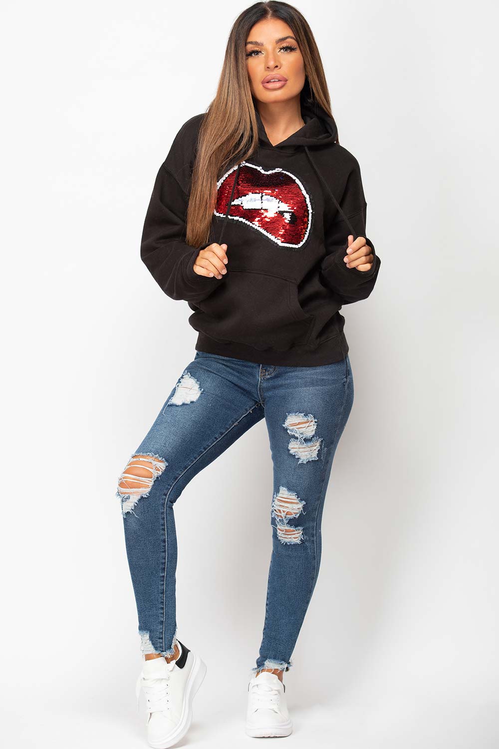 sequin lips hoodie black