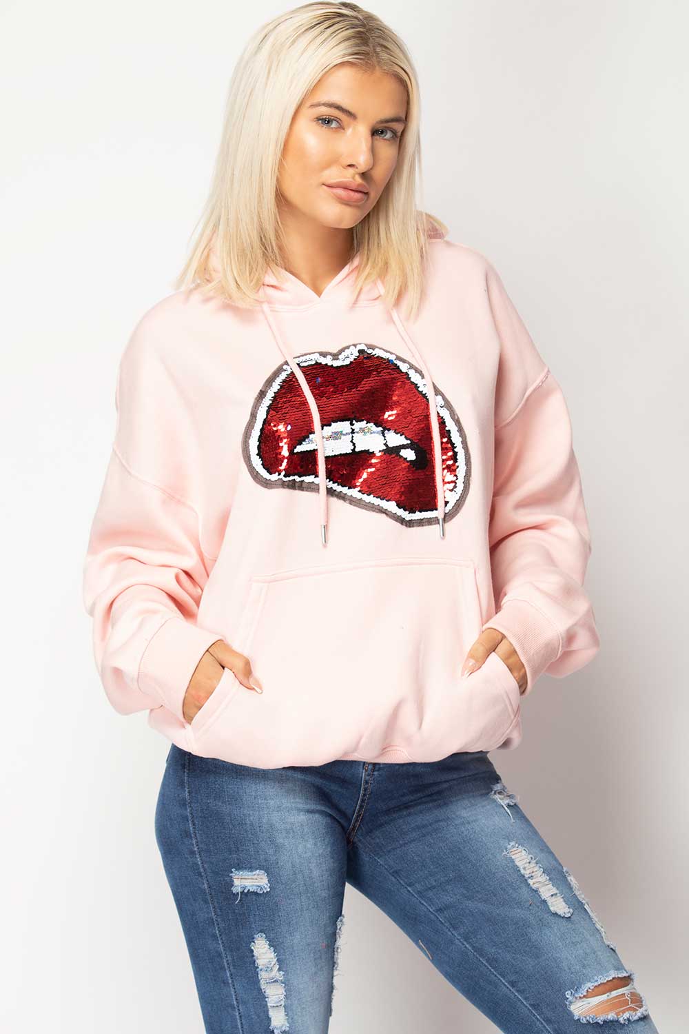 sequin lips oversized hoodie pink