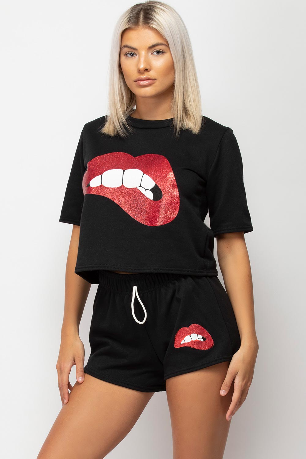 shorts and crop top lounge set with sequin lips