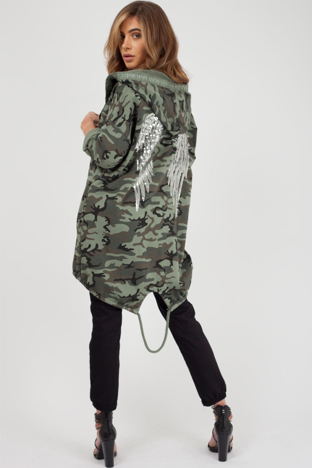 sequin detail hooded sweatshirt camouflage