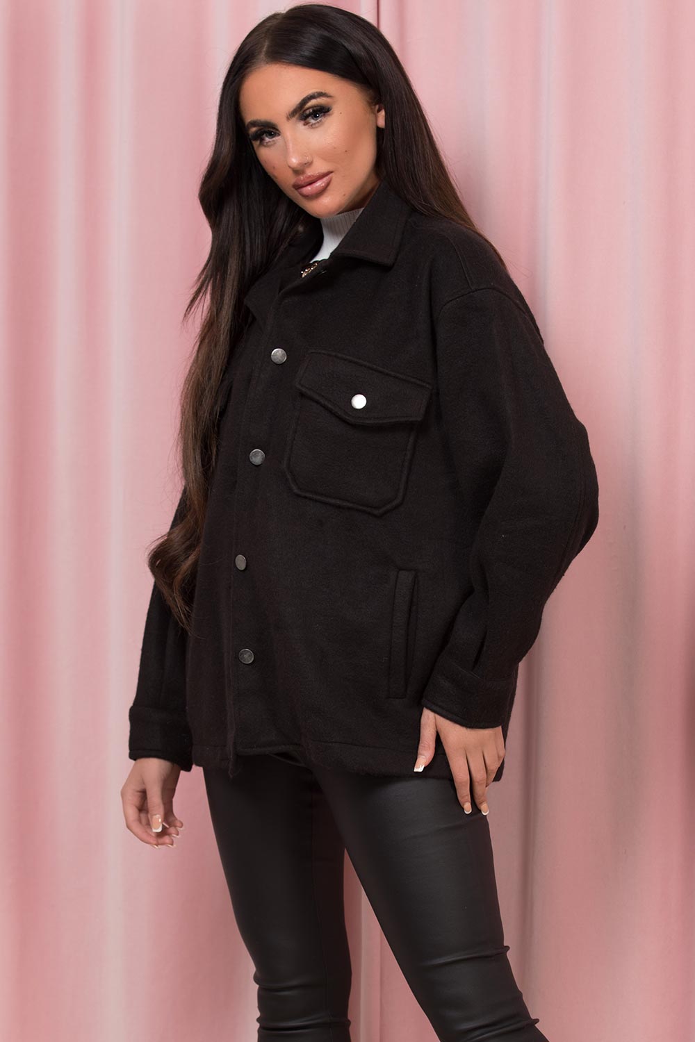 womens black shacket with pockets