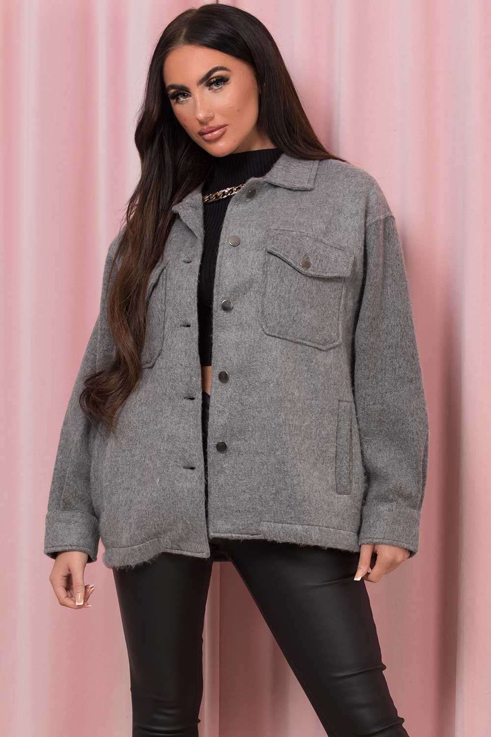 womens grey shacket with pockets