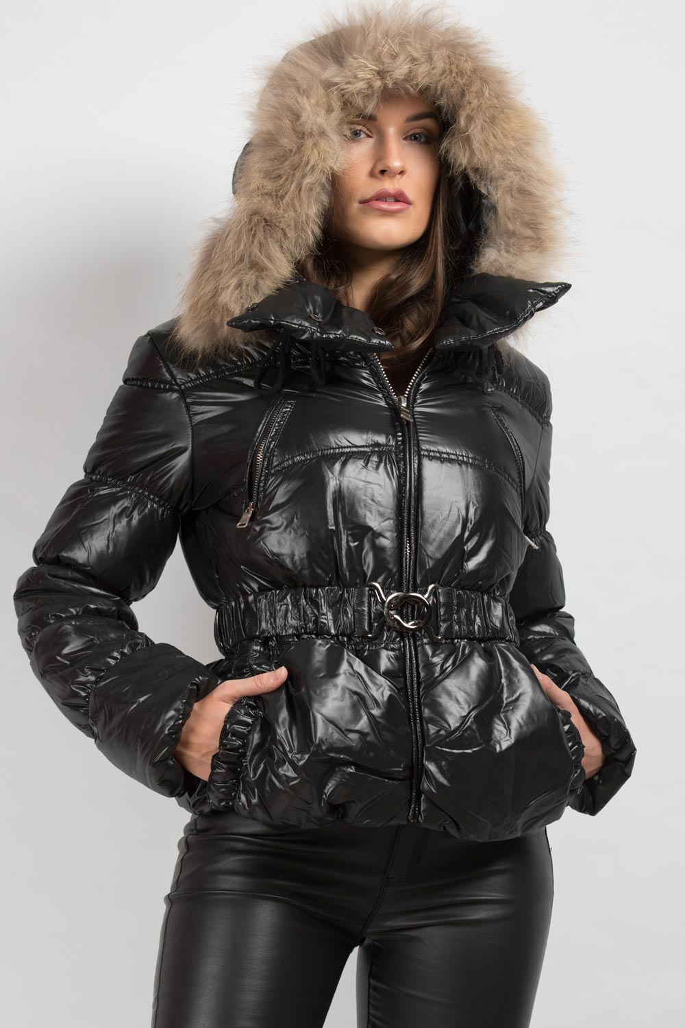 fur hooded coat black