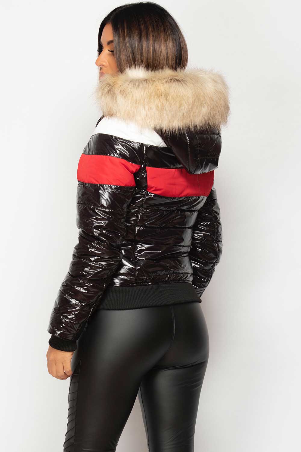 black red white shiny puffer jacket womens