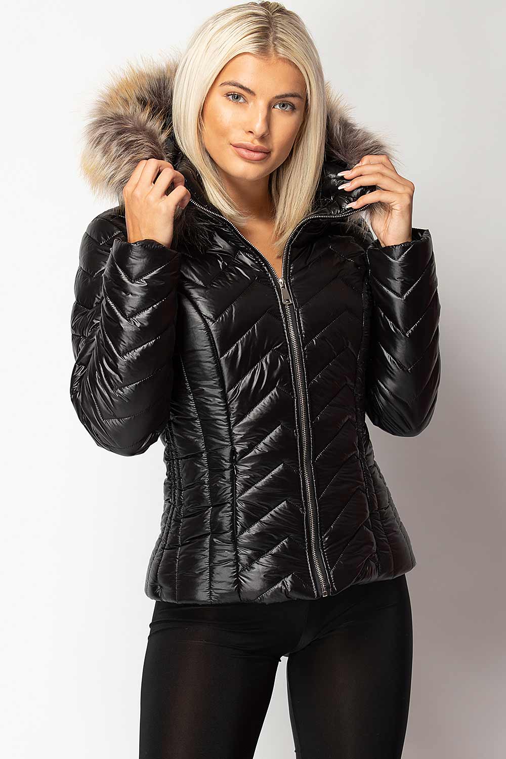 black shiny puffer jacket womens