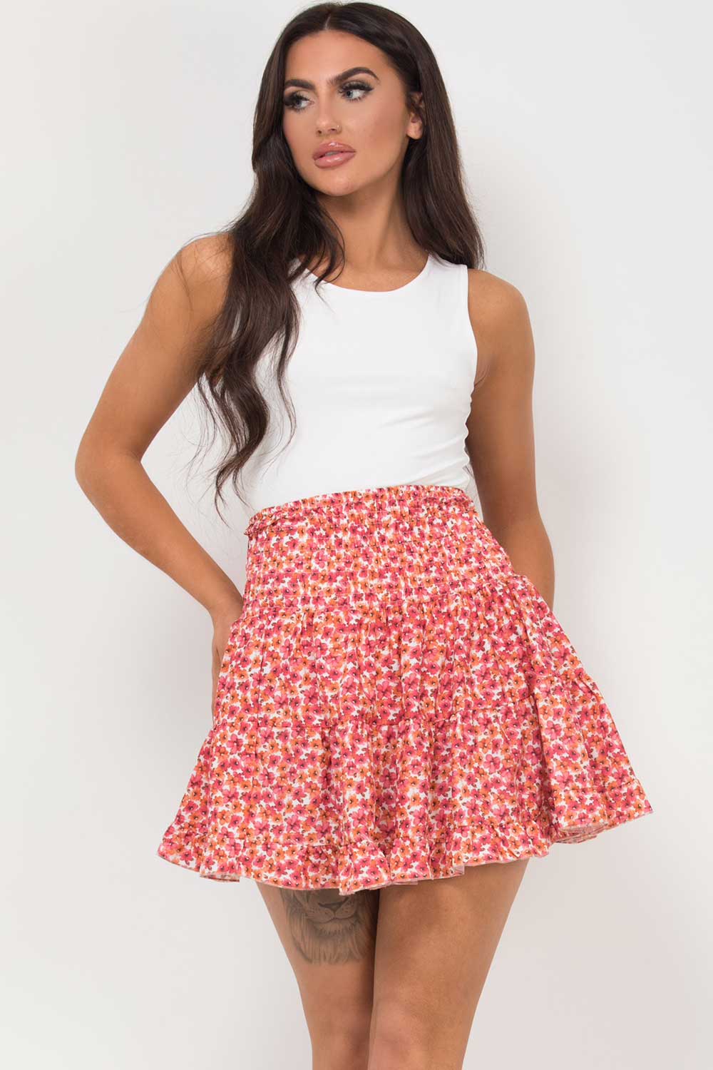 floral shirred mini skater skirt