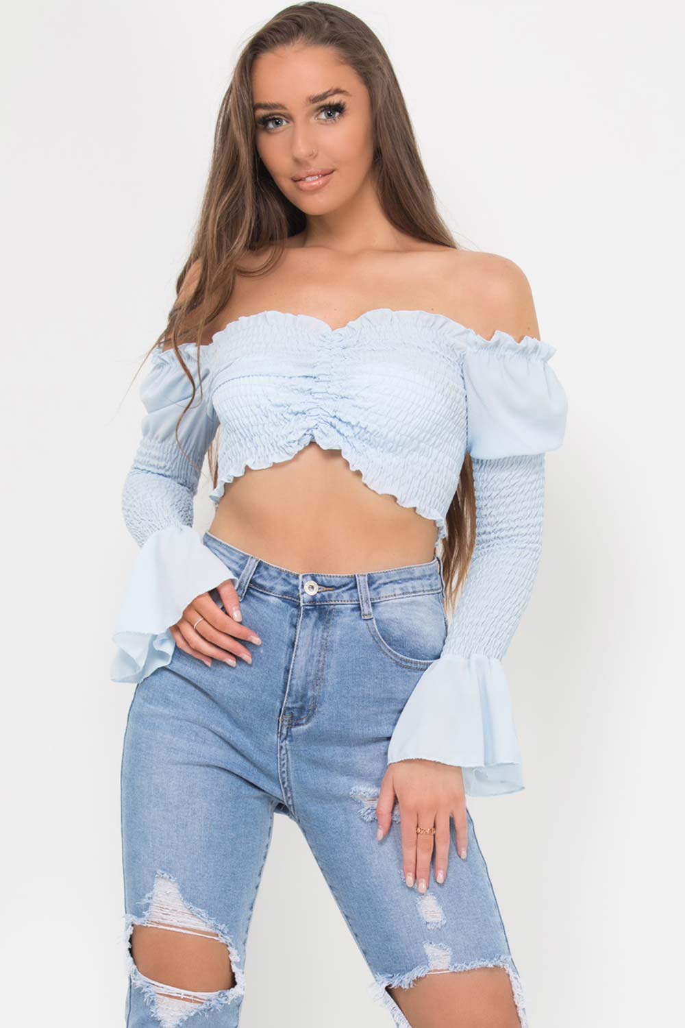 shirred flute sleeve crop top blue