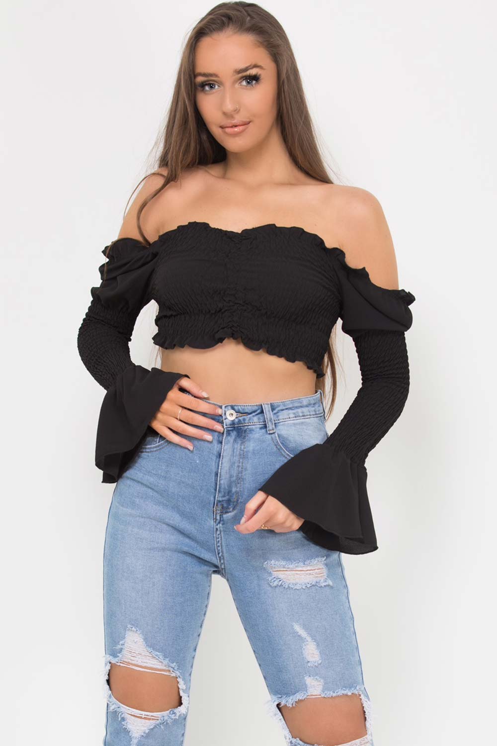 ruched front shirred off shoulder crop top black