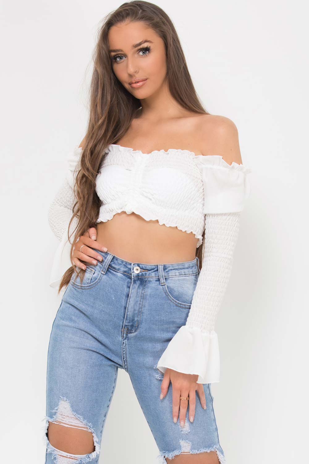 shirred ruched front off shoulder crop top