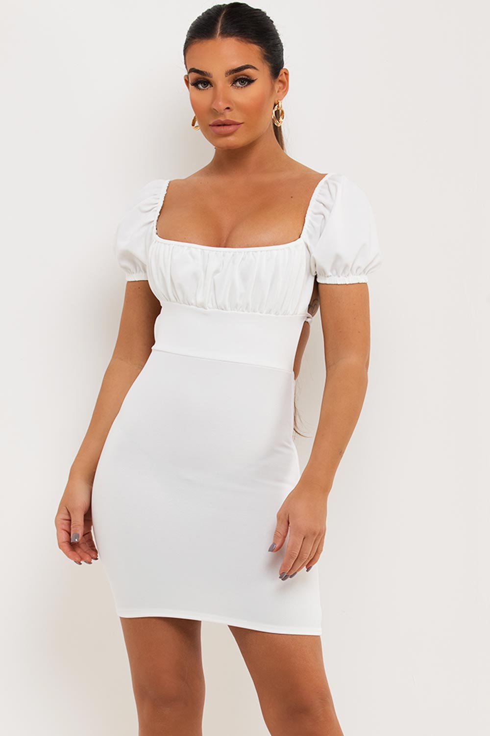 puff shoulder short backless strappy bodycon dress