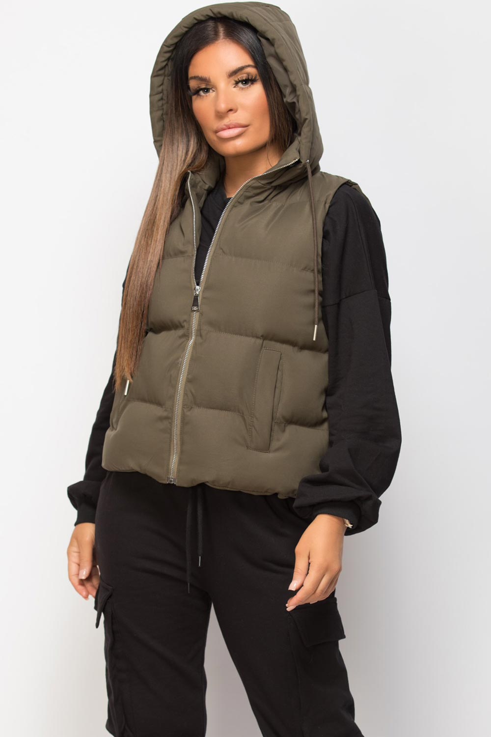 padded gilet waistcoat with drawstring hood