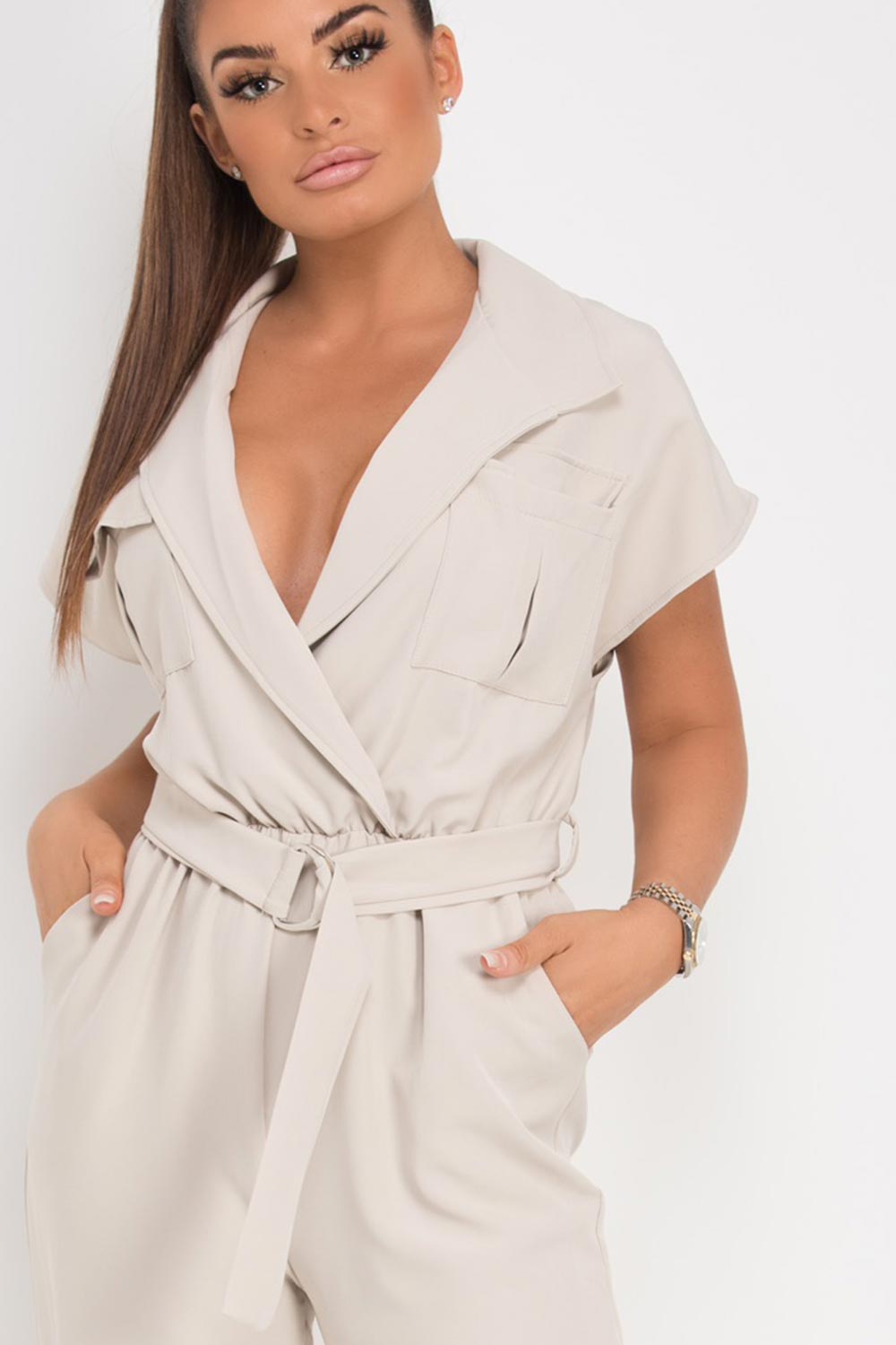 short sleeve jumpsuit stone
