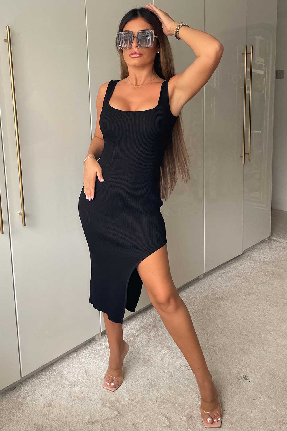 side split midi bodycon dress black