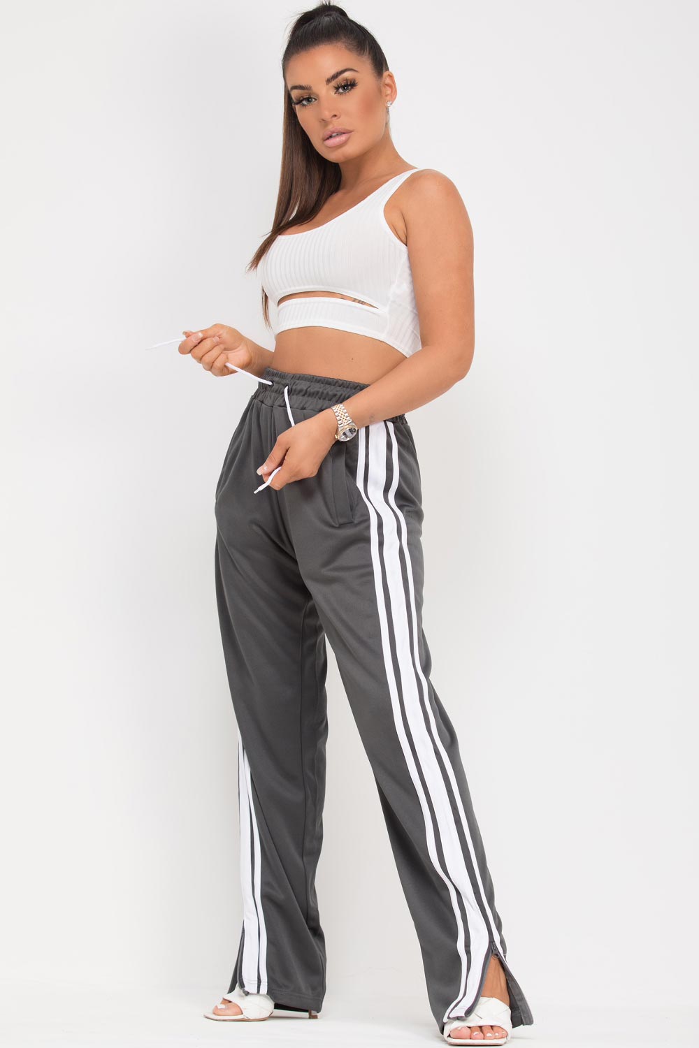 split hem wide leg joggers with side stripes grey