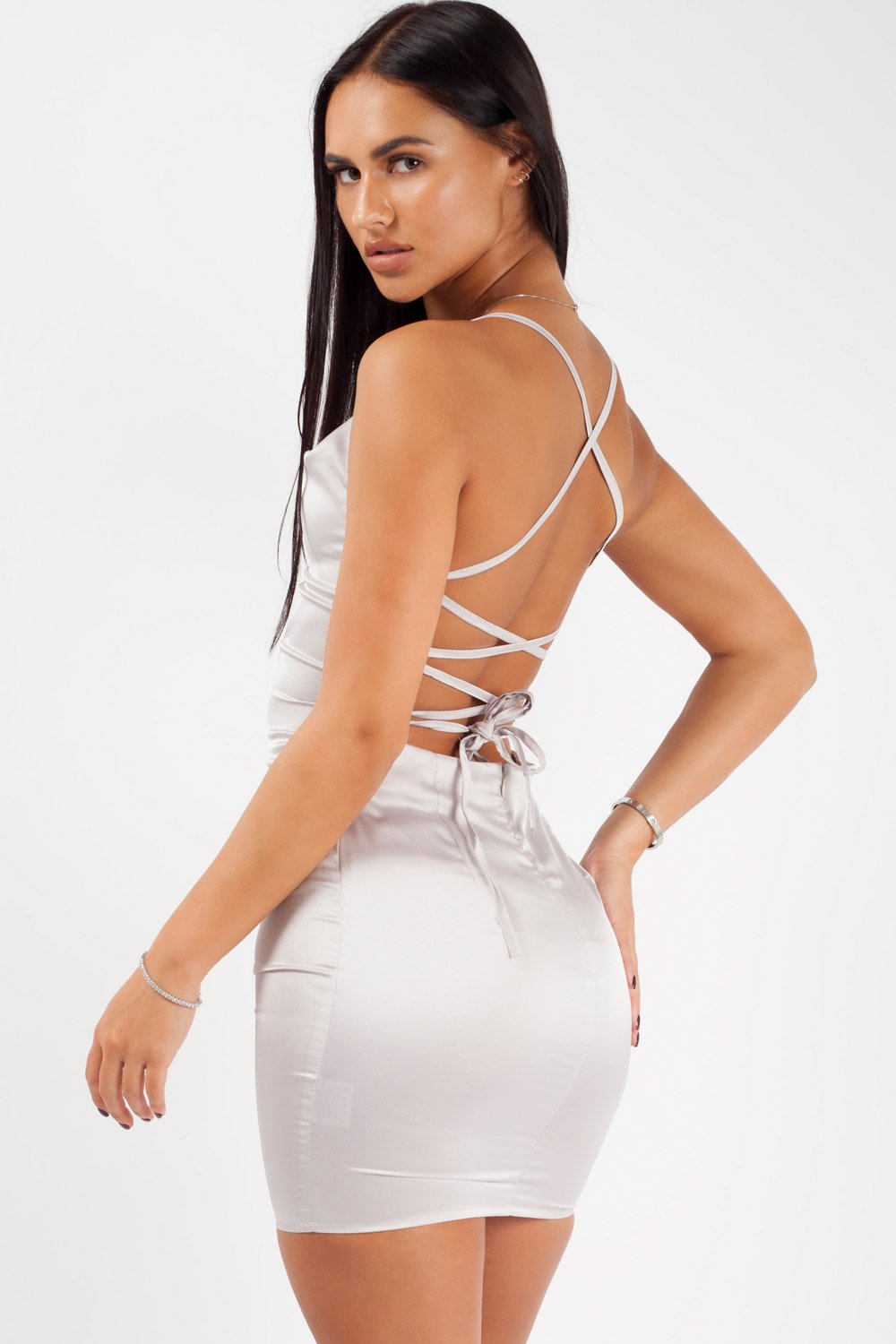 satin cowl neck dress mini silver