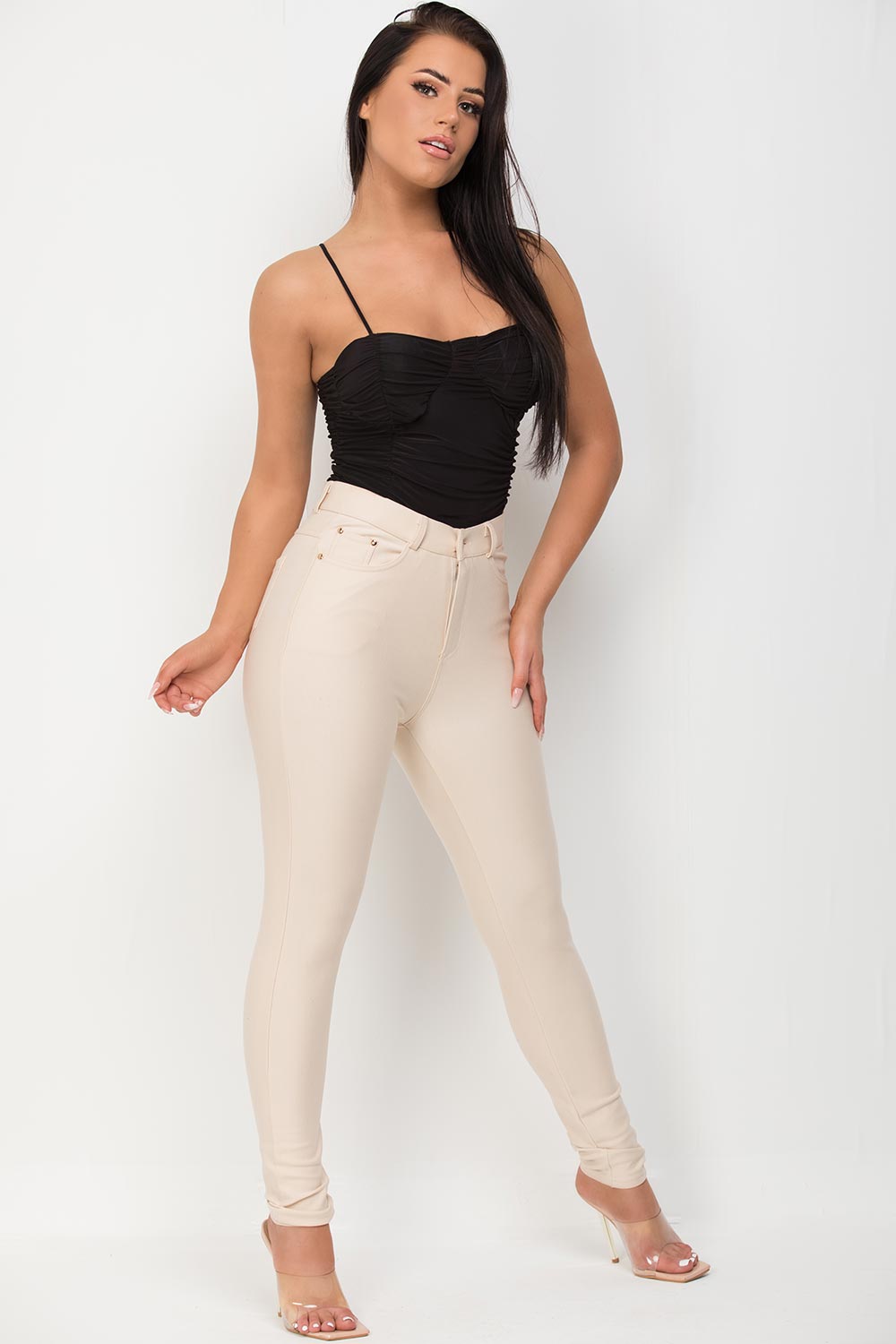 womens high waisted skinny trousers beige