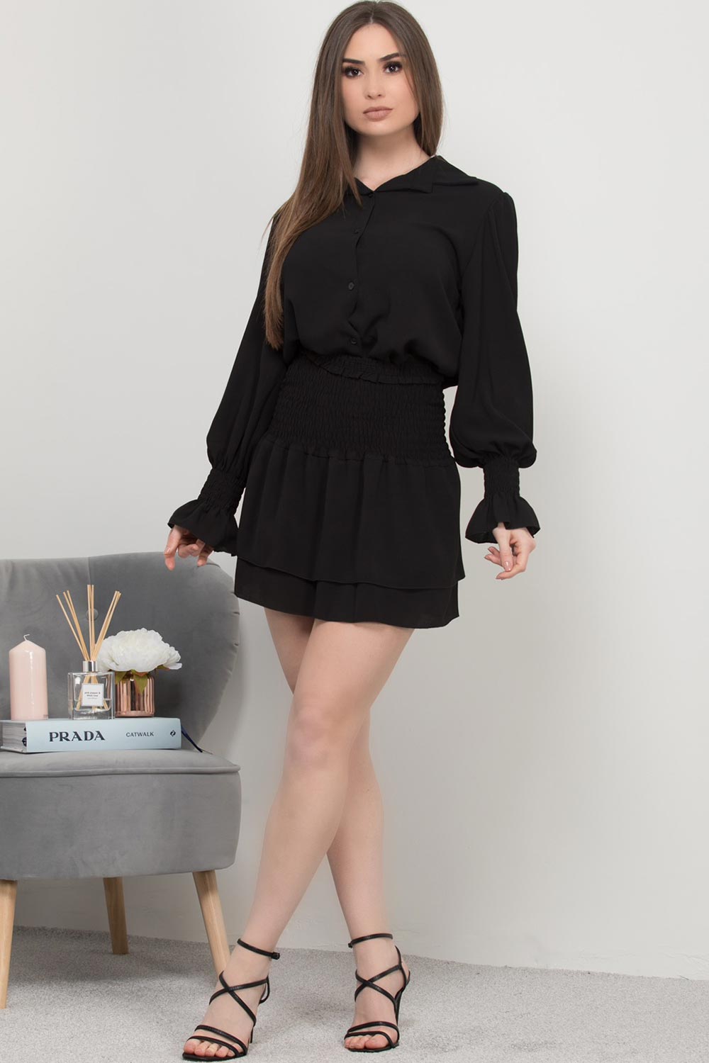 high waisted skirt and shirt set black