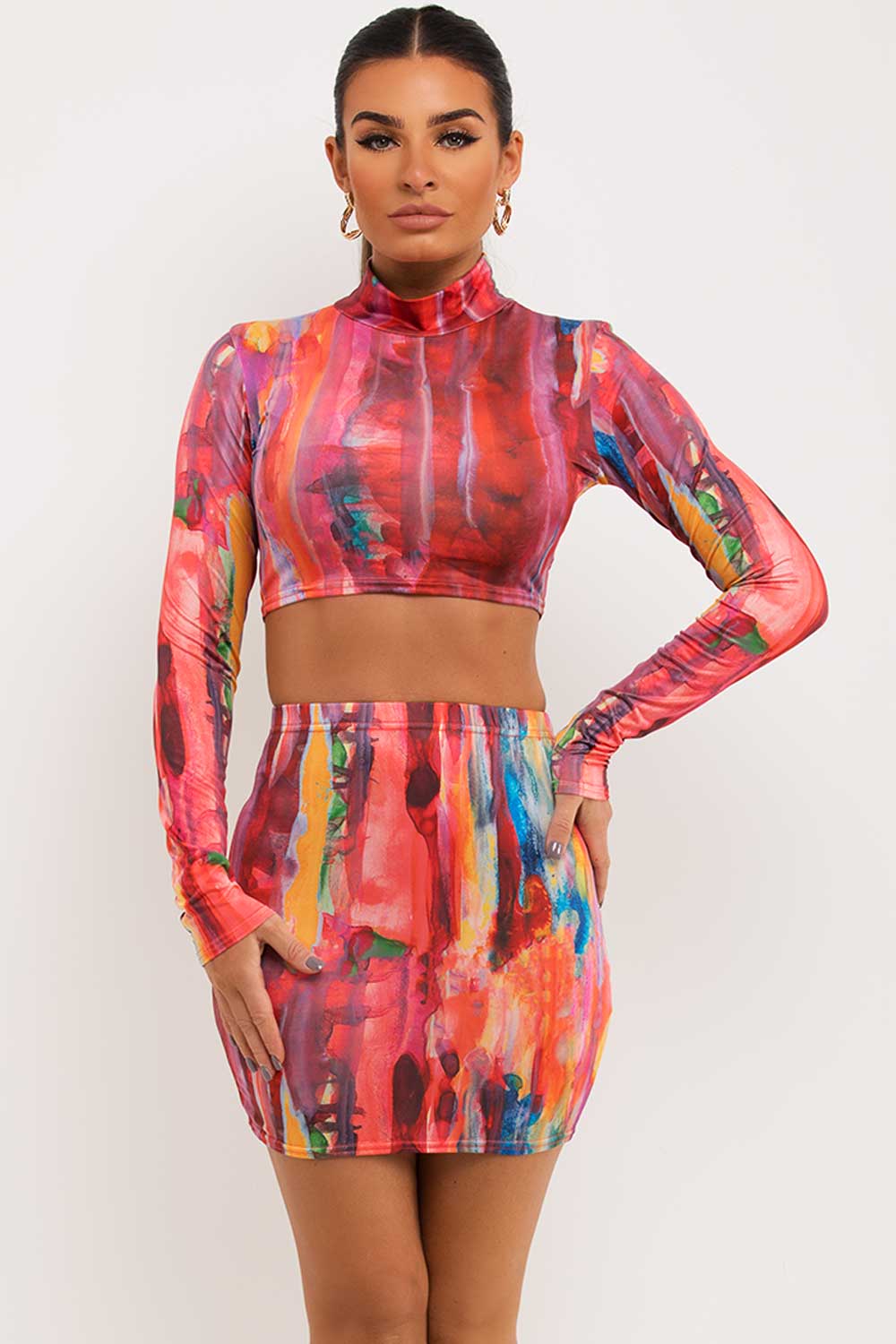 slinky long sleeve crop top and mini skirt co ord abstract print