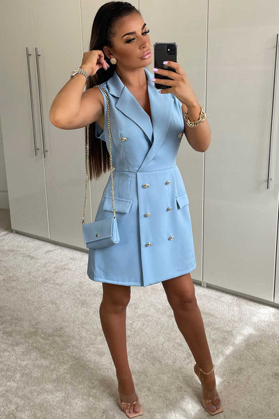 Women's Sleeveless Blazer Dress With Gold Buttons Sky Blue