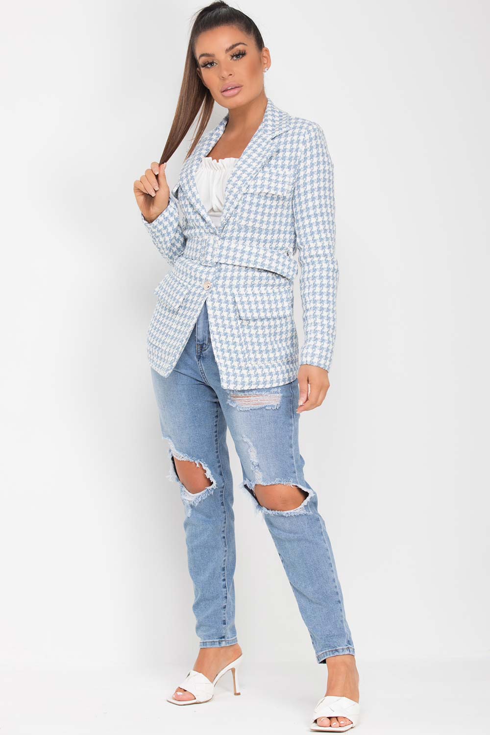 womens tweed blazer with belt sky blue uk