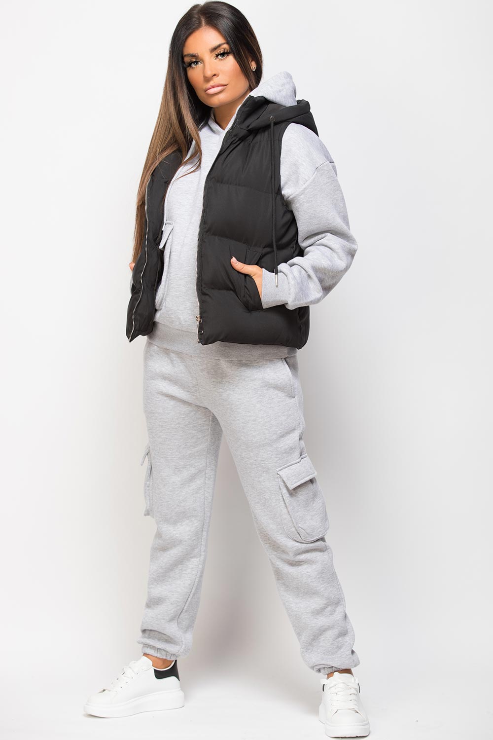 black hooded sleeveless jacket womens