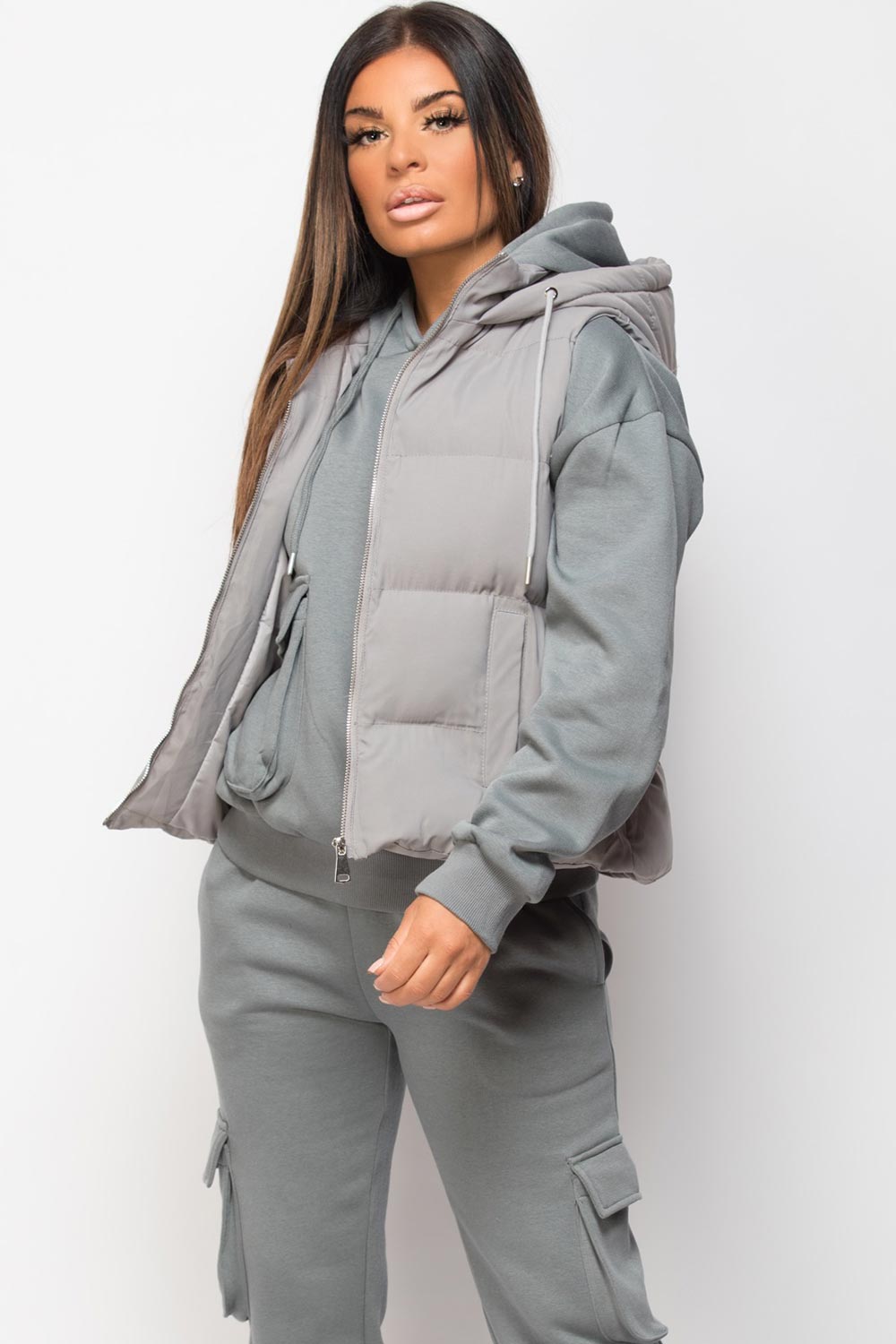 padded hooded short gilet grey
