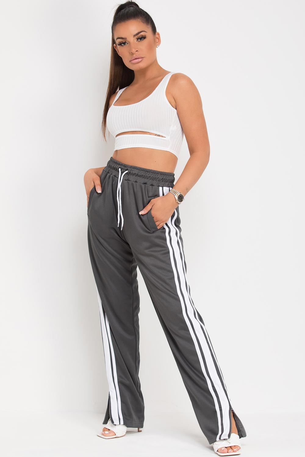 womens side stripe split hem wide leg joggers
