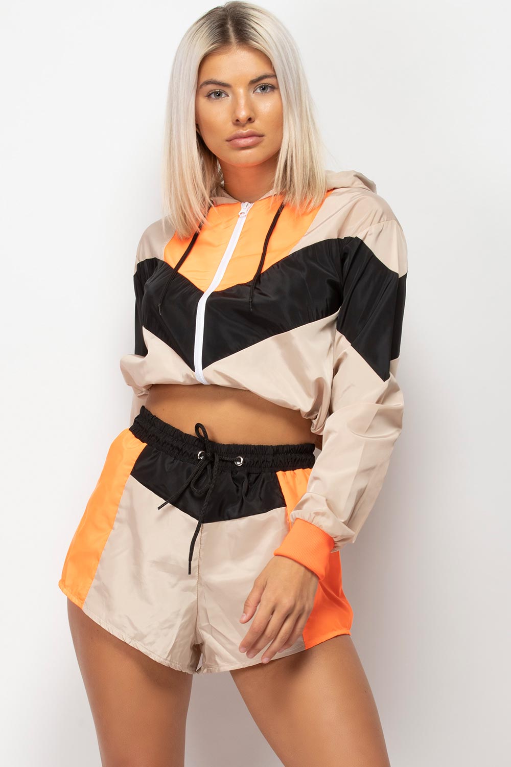 Stone Colour Block Hooded Shell Suit
