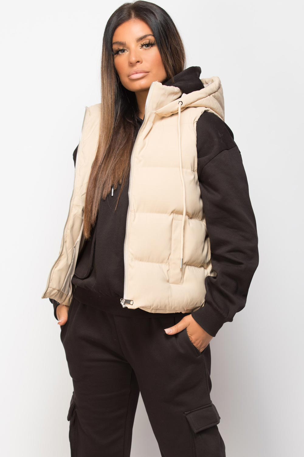 womens padded hooded waistcoat gilet stone
