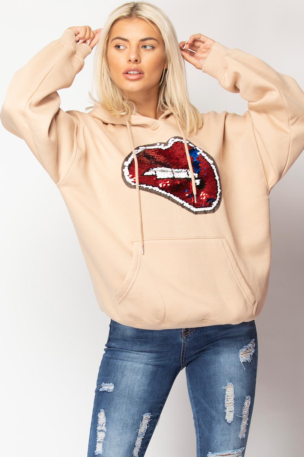 red sequin lips oversized hoodie
