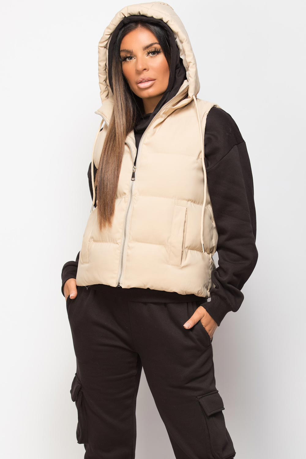 womens padded hooded gilet stone