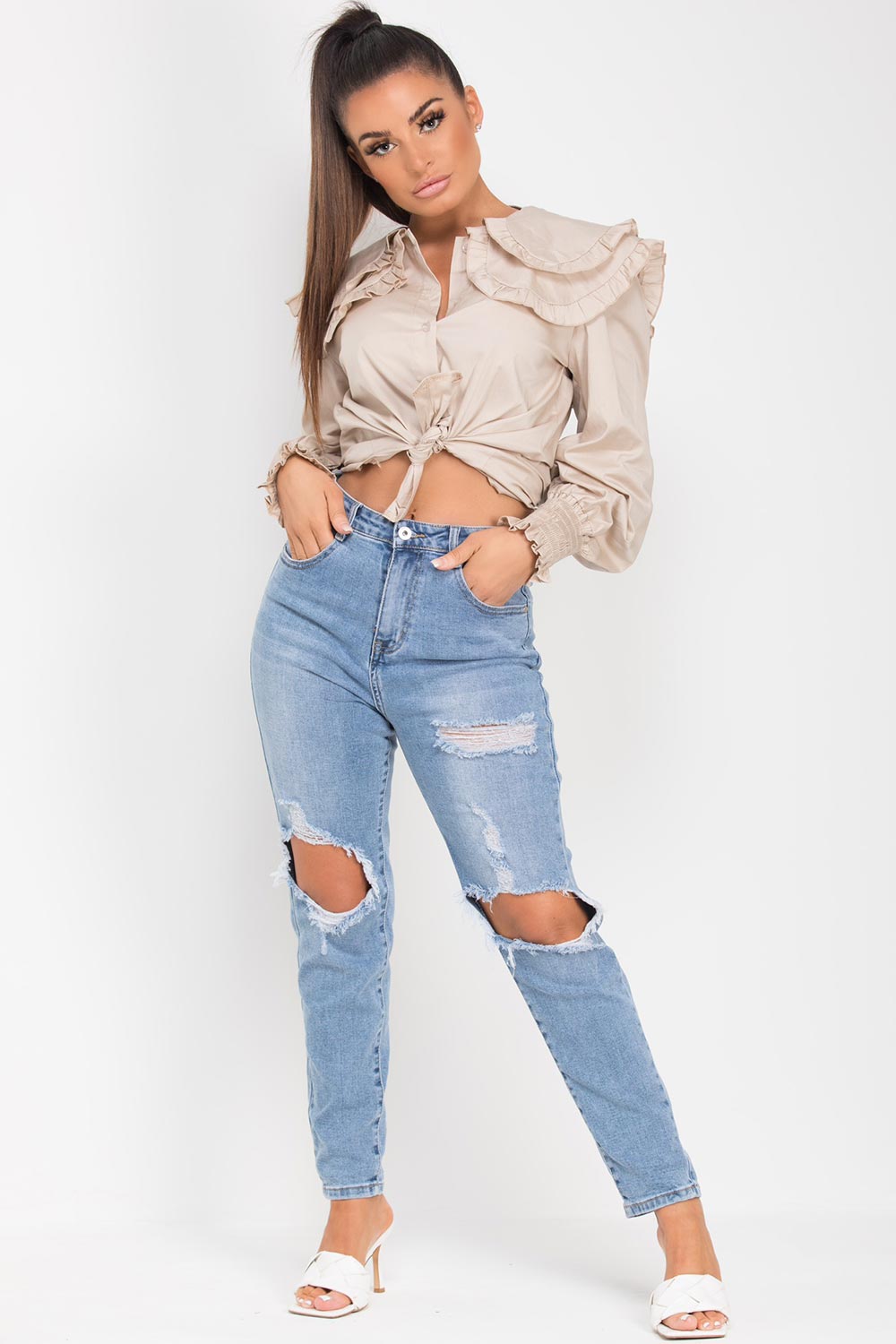 ruffle shoulder shirt stone