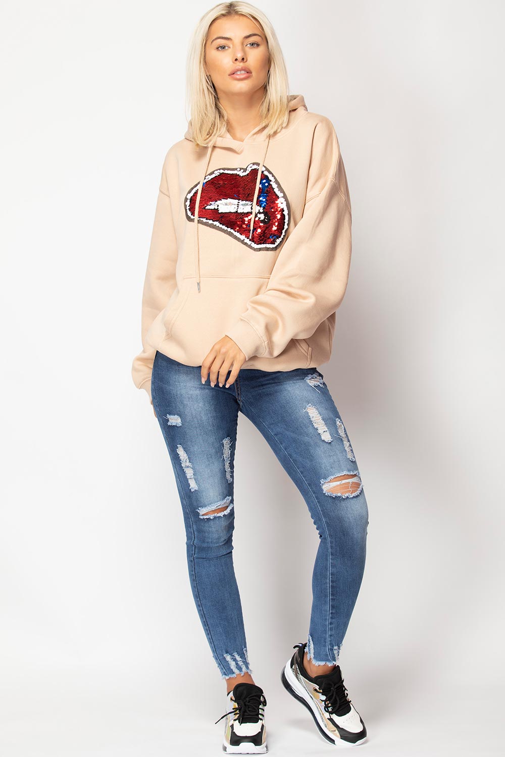 sequin lips hoodie womens