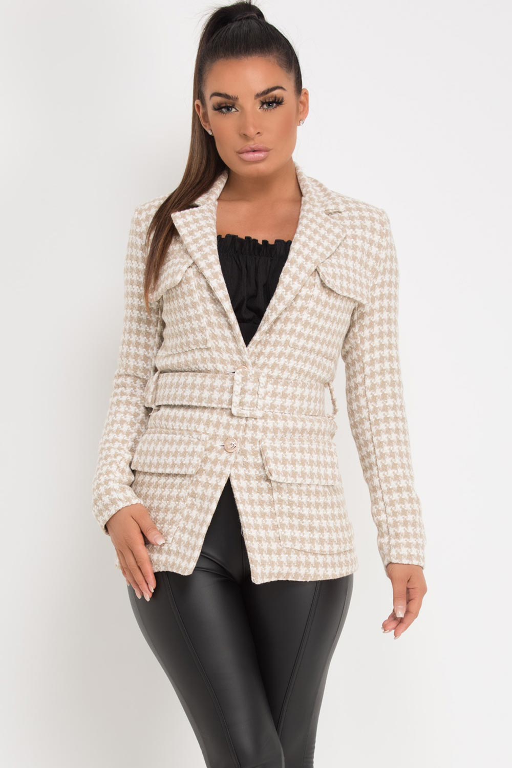 stone hounds tooth blazer with belt womens