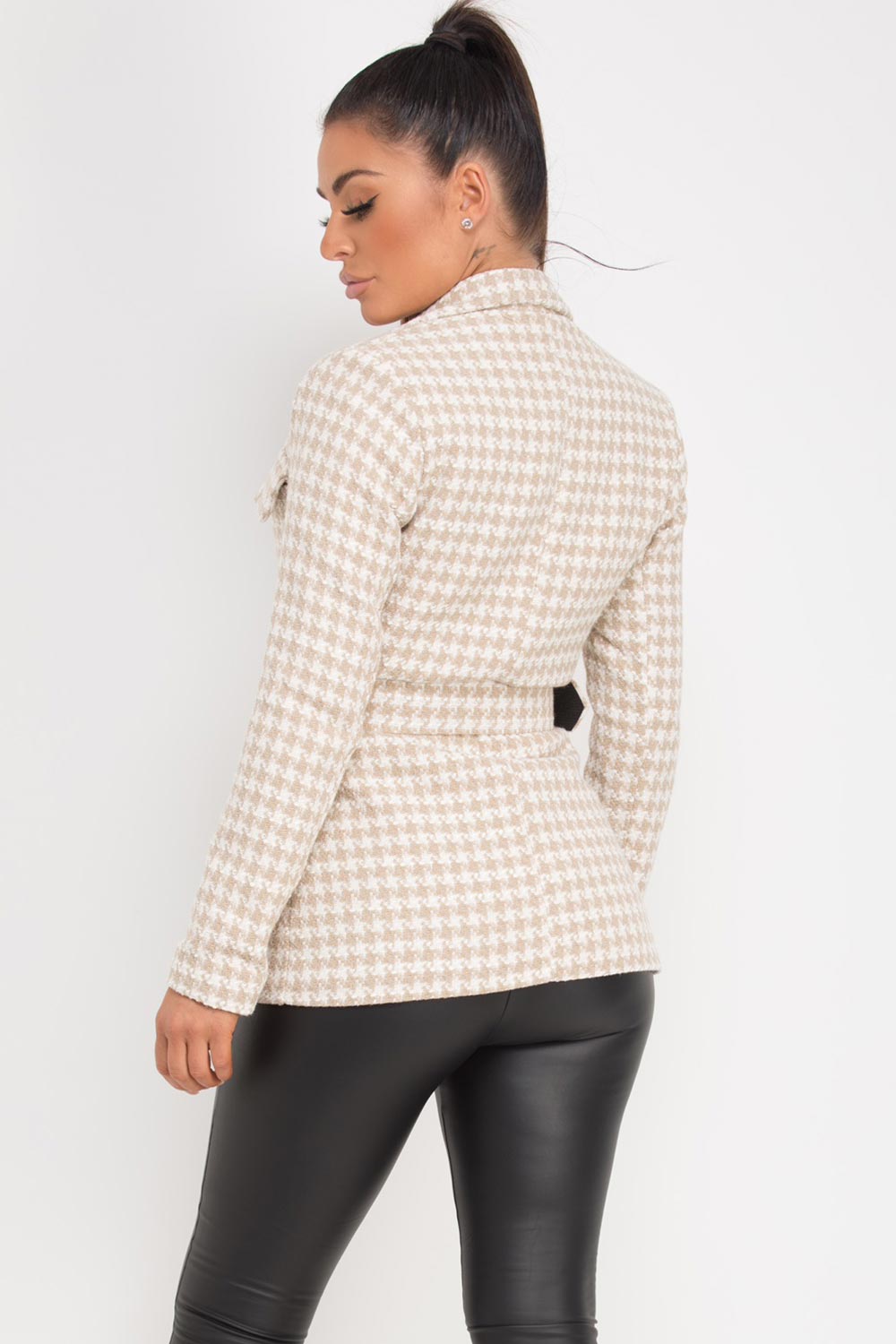 stone hounds tooth blazer with belt