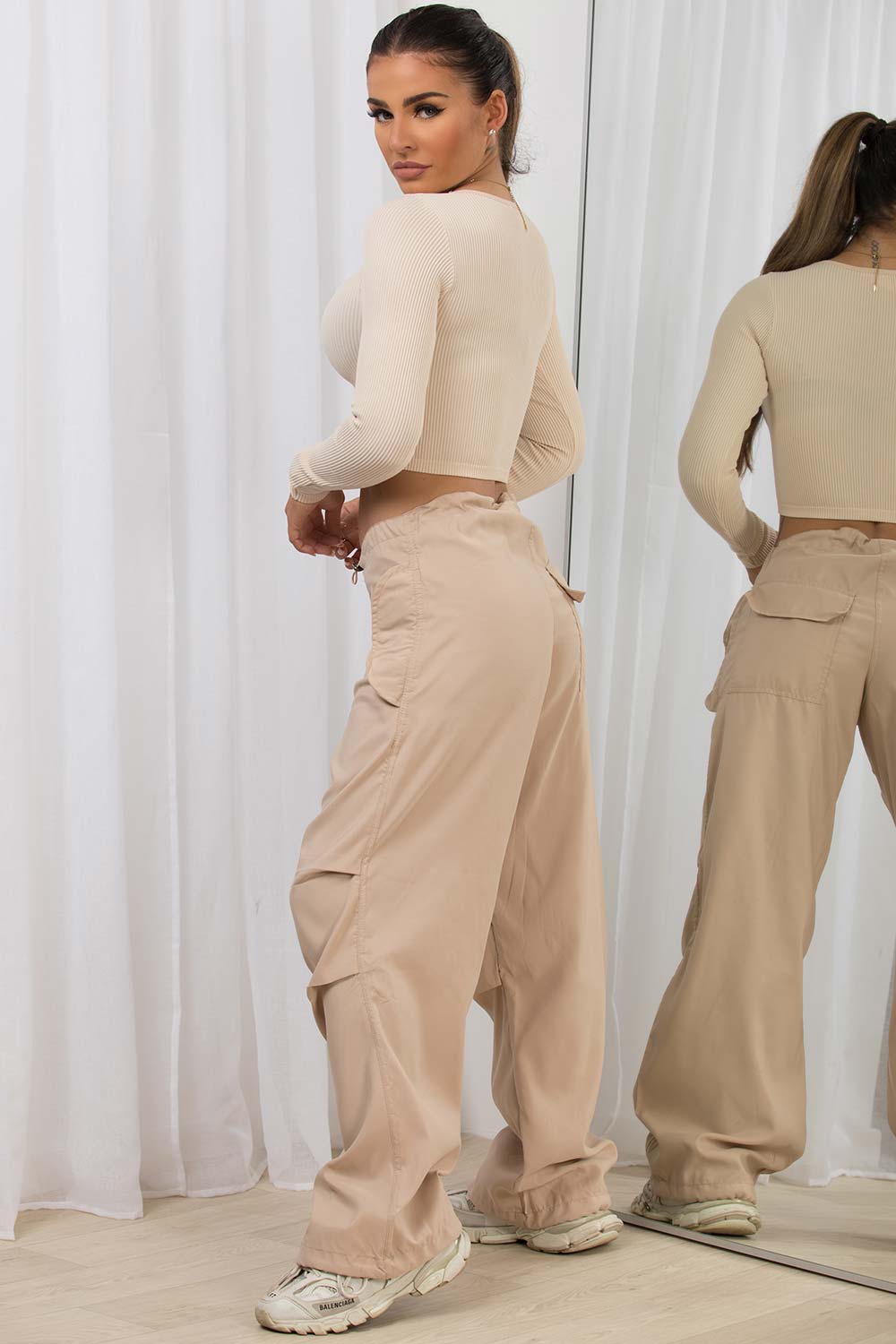 straight leg cargo pants with drawstring waist