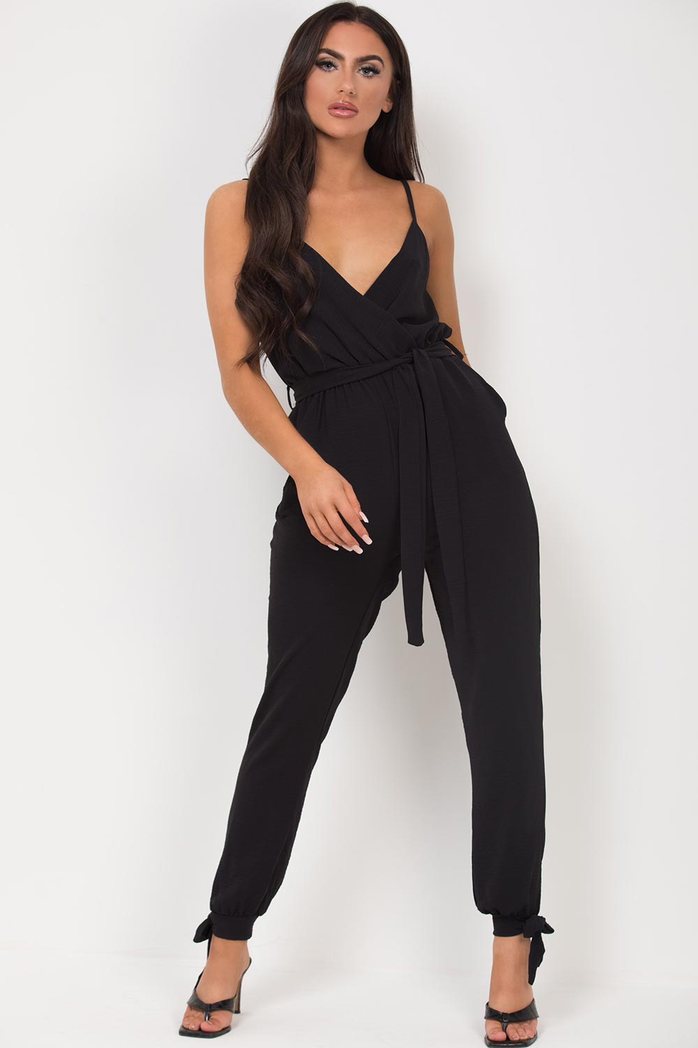 cami strap belted jumpsuit black
