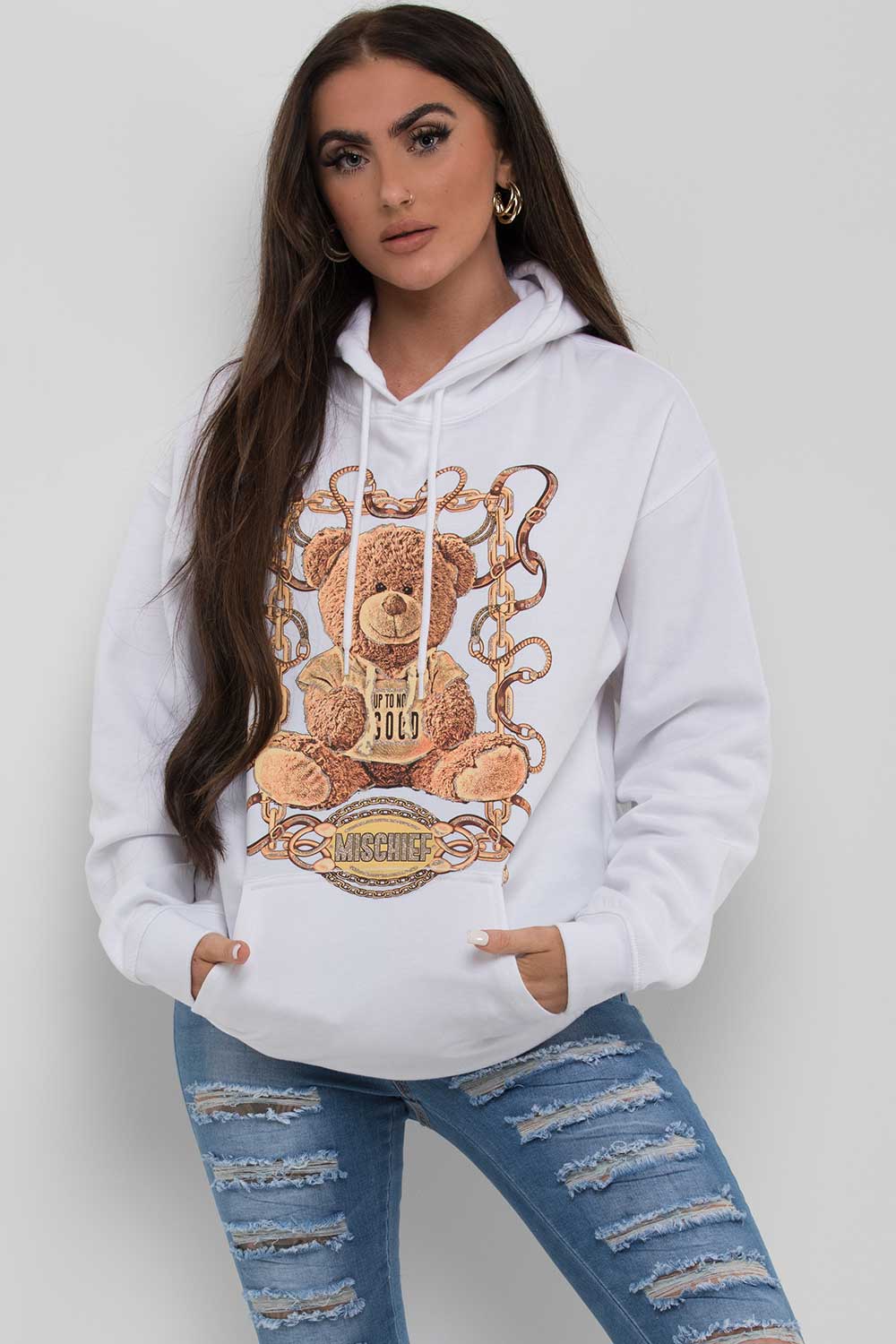 mischief teddy bear slogan oversized hoodie