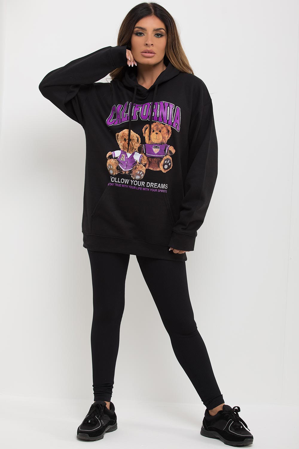 womens teddy bear hoodie with california slogan
