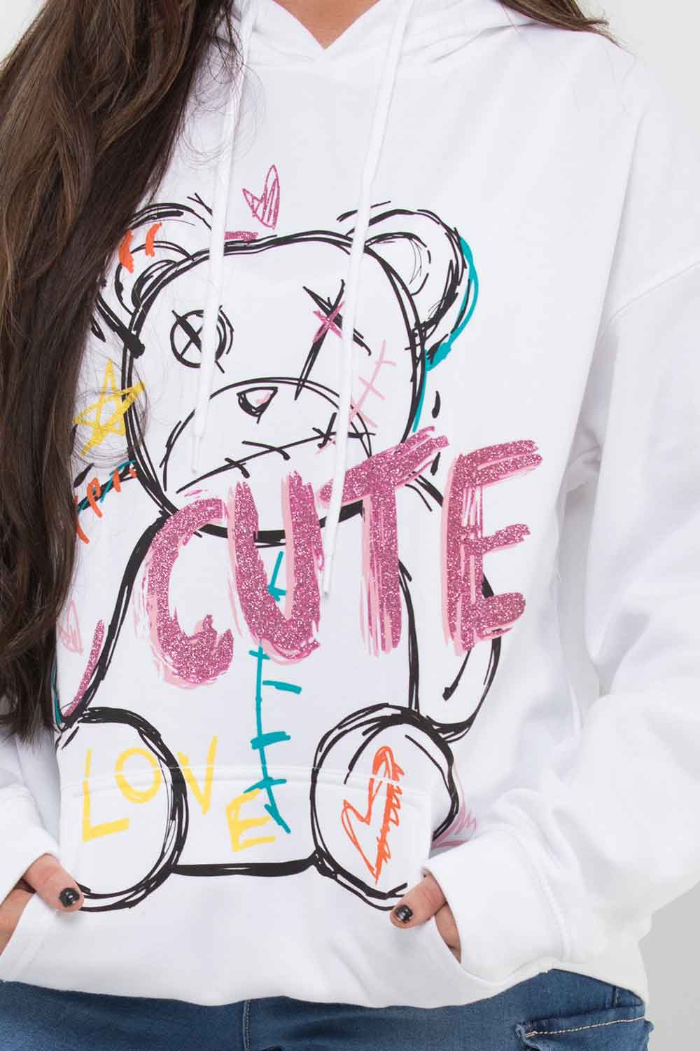 white oversized teddy bear hoodie