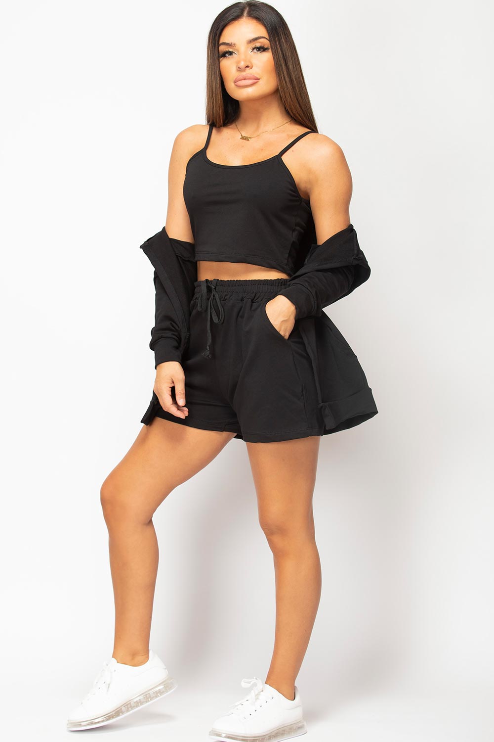 womens black three piece lounge set