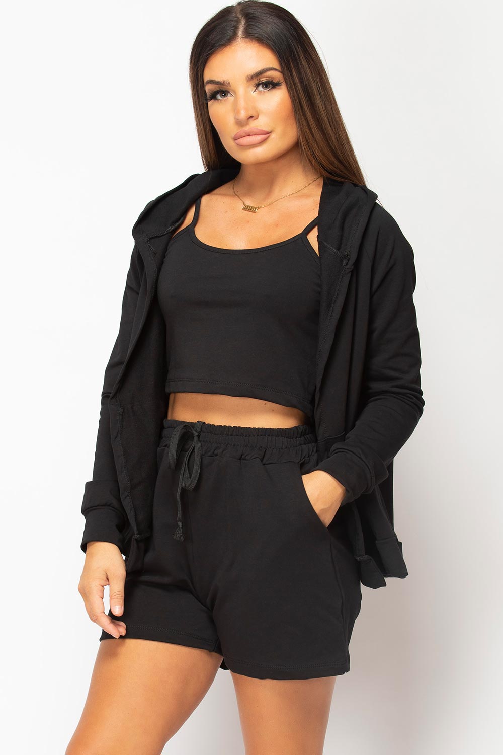 womens black three piece lounge set