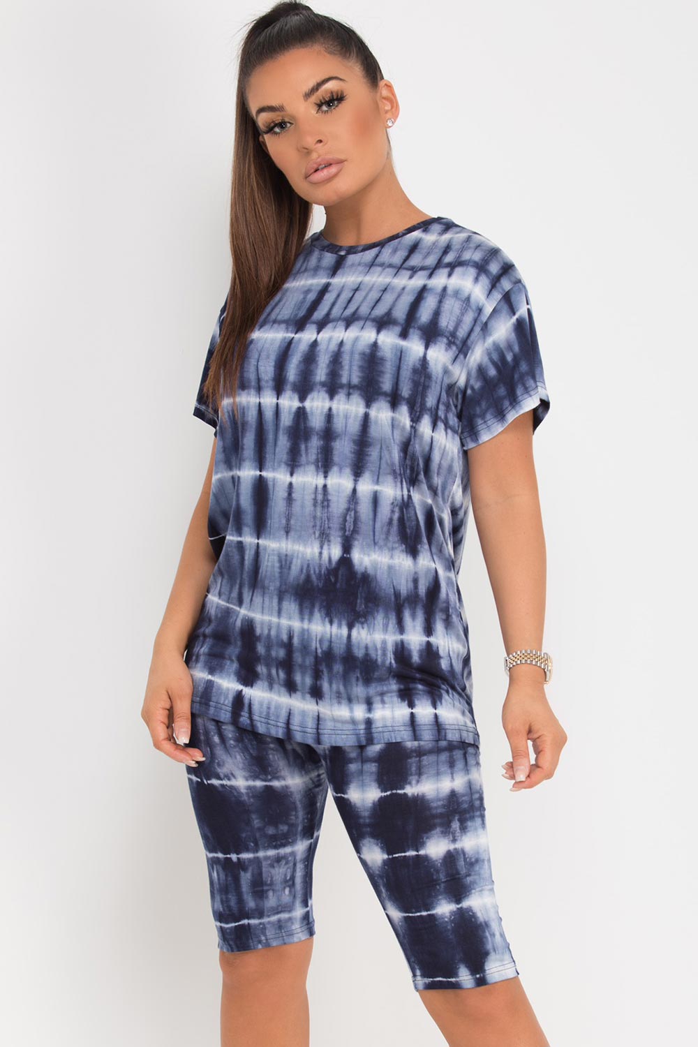 high waisted cycling short t shirt two piece set blue