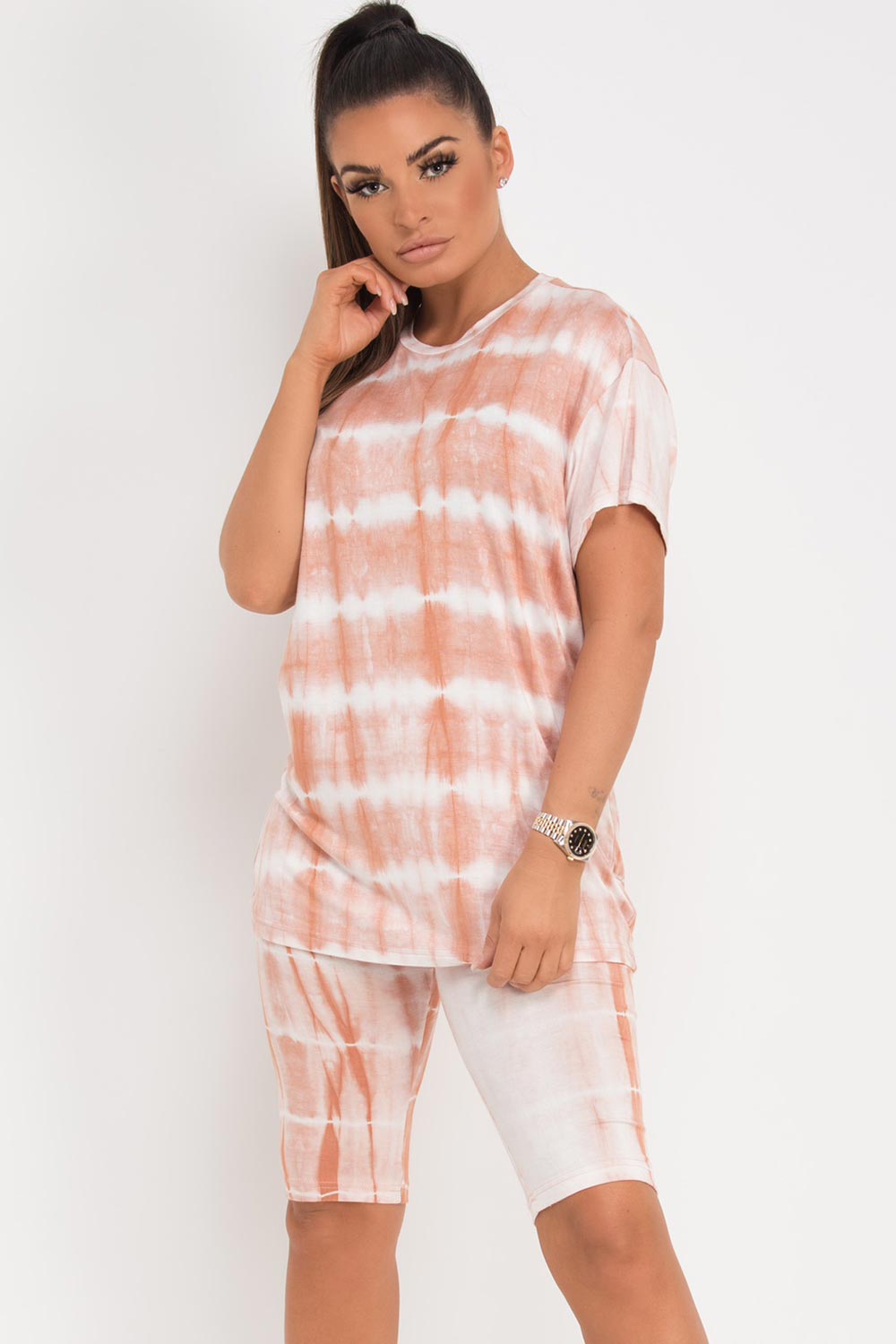 nude tie dye t shirt cycling shorts set