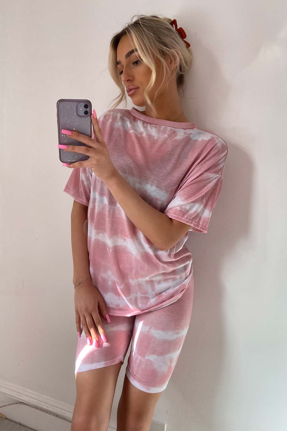 cycling shorts and t shirt co ord set tie dye