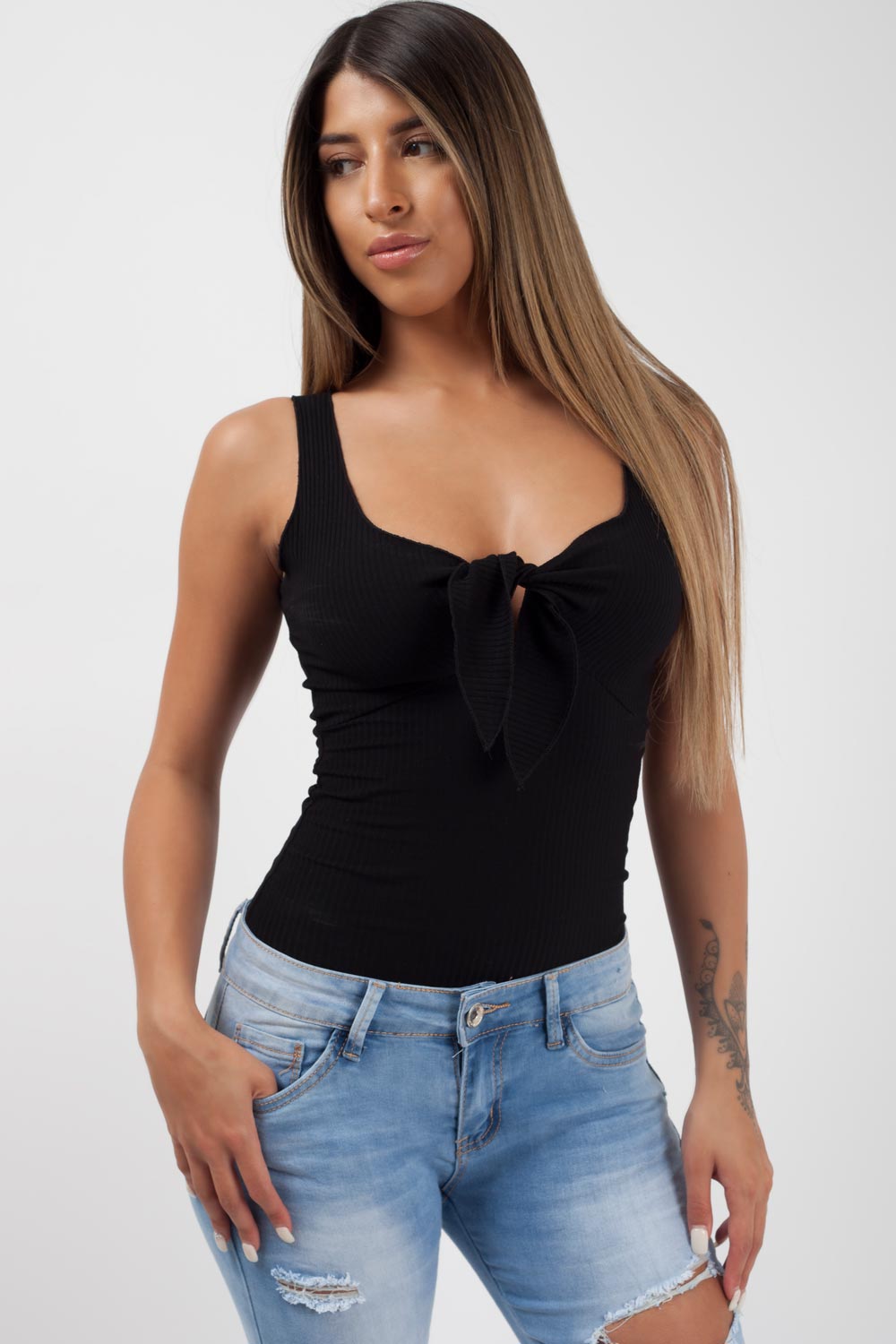 tie front bodysuit black