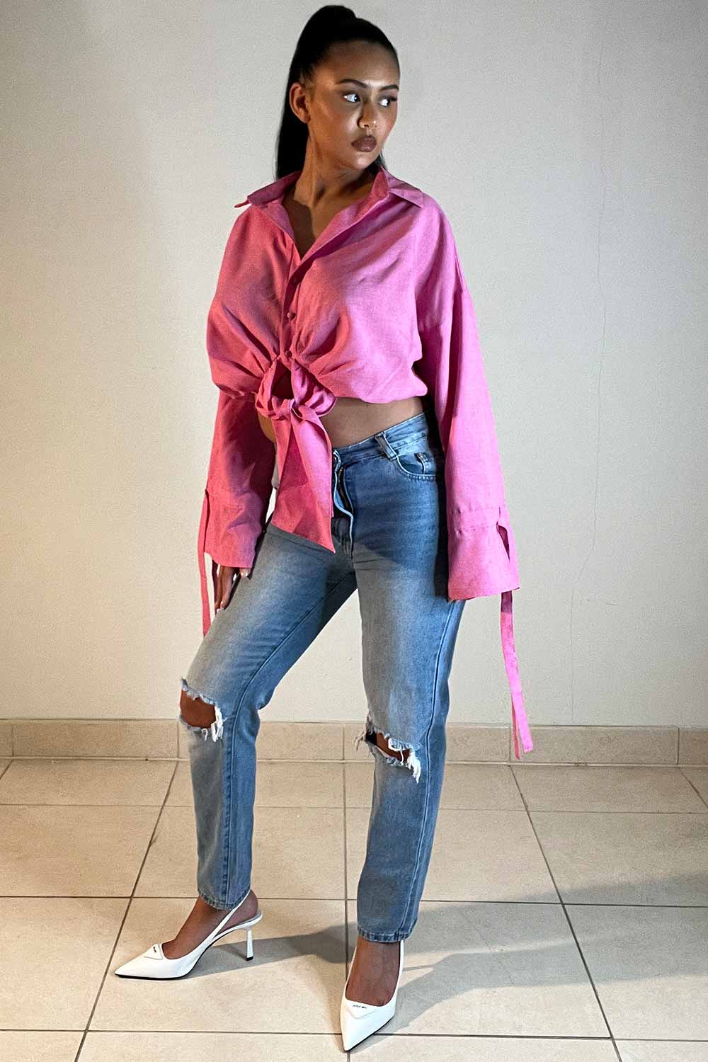 knot front long sleeve cheese cloth shirt womens